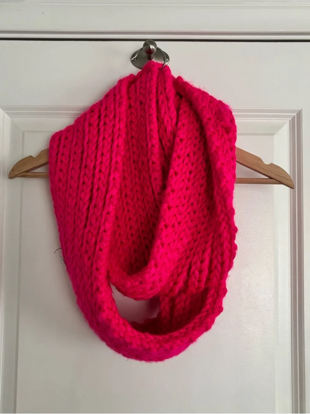 Chunky Hand-Knit Infinity Scarf in Bright Neon Pink